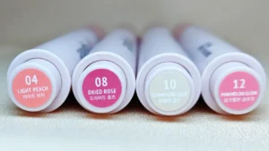 SELF BEAUTY ヴィーガナイズ コラーゲン リップ ガラス バーム 4色比較（04 ライトピーチ、08 ドライローズ、10 シャンパンゴールド、12 ピンクメロングロウ）