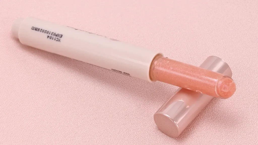 SELF BEAUTY Veganize Collagen Lip Glass Balm 12 Pink Melon Glow product photo, pink glitter, multi-colored shimmer, Cool tone